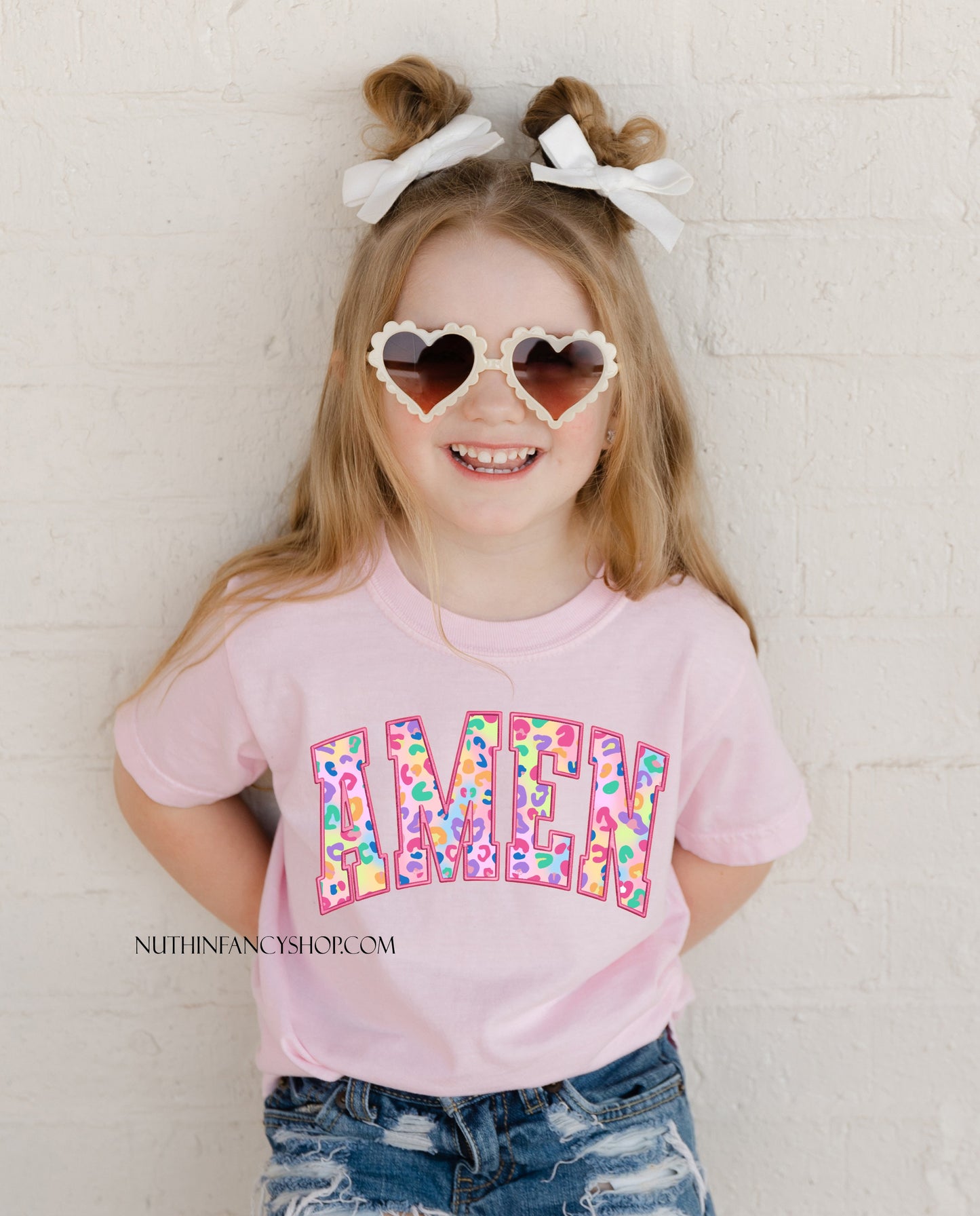 Faux Embroidery Colorful Leopard Amen, Light Pink