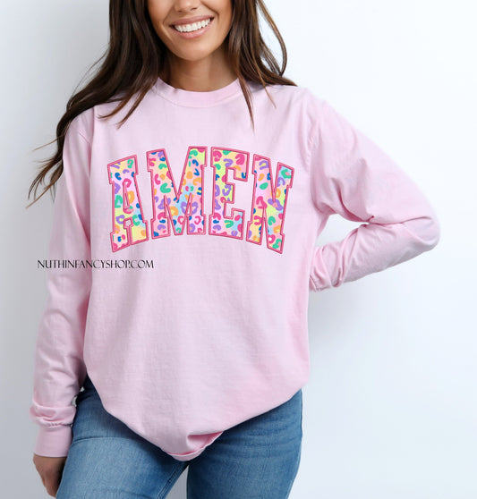 Faux Embroidery Colorful Leopard Amen, Light Pink