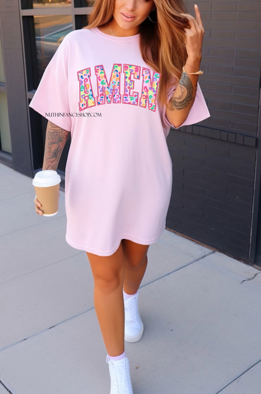 Faux Embroidery Colorful Leopard Amen, Light Pink