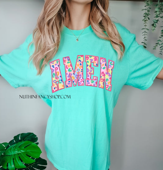 Faux Embroidery Colorful Leopard Amen, Mint