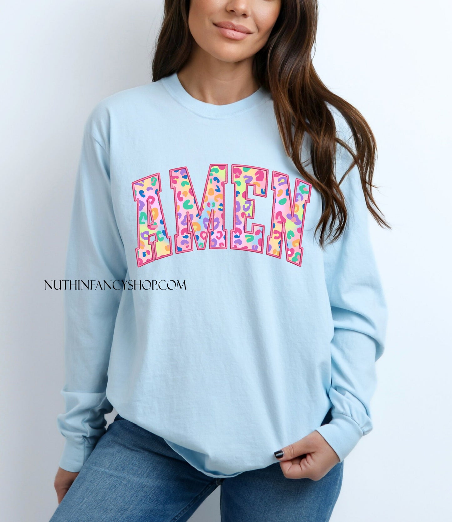Faux Embroidery Colorful Leopard Amen, Light Blue