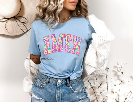 Faux Embroidery Colorful Leopard Amen, Light Blue