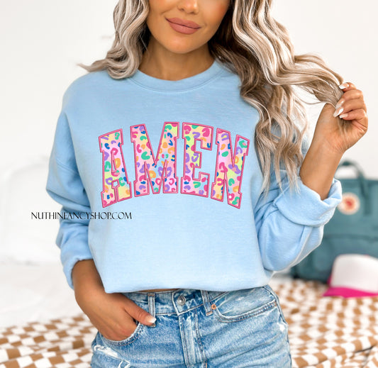 Faux Embroidery Colorful Leopard Amen, Light Blue