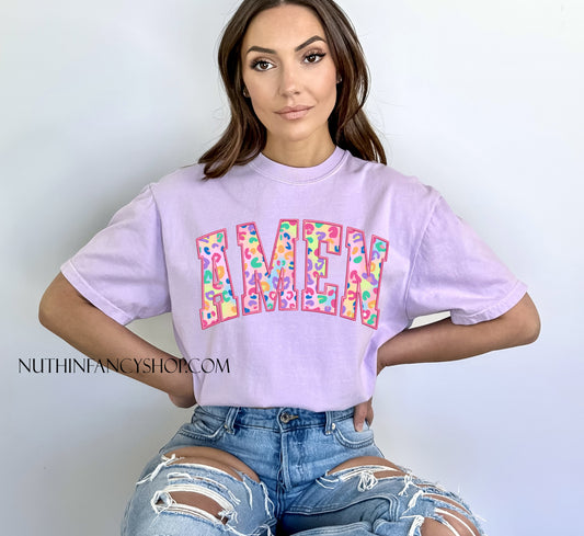 Faux Embroidery Colorful Leopard Amen, Light Purple