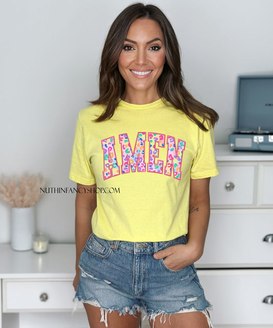 Faux Embroidery Colorful Leopard Amen, Yellow