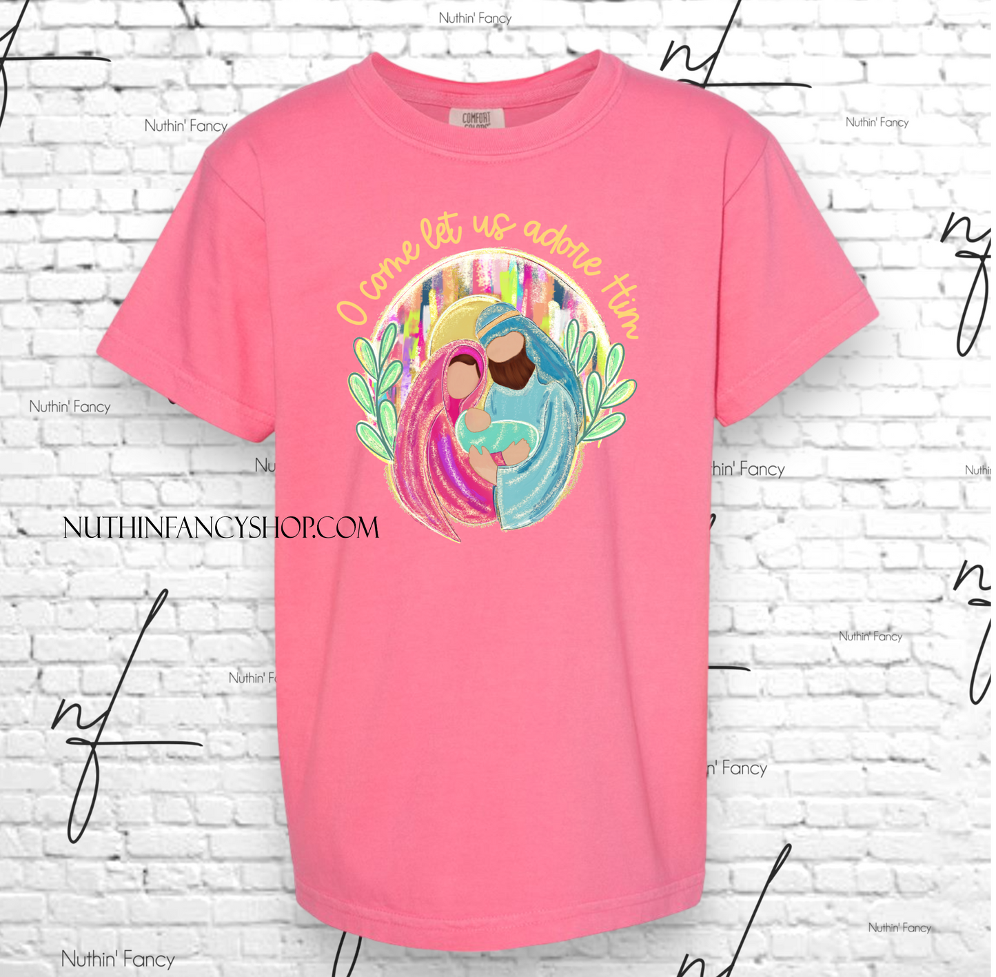 Comfort Colors Crunchberry, Watercolor O Come Let Us Adore Him