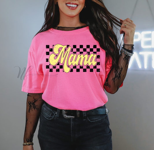 Checkered Retro Yellow Mama, on Neon Pink