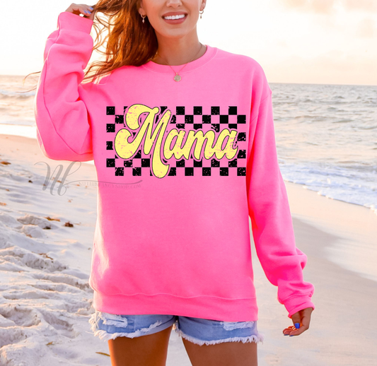 Checkered Retro Yellow Mama, on Neon Pink