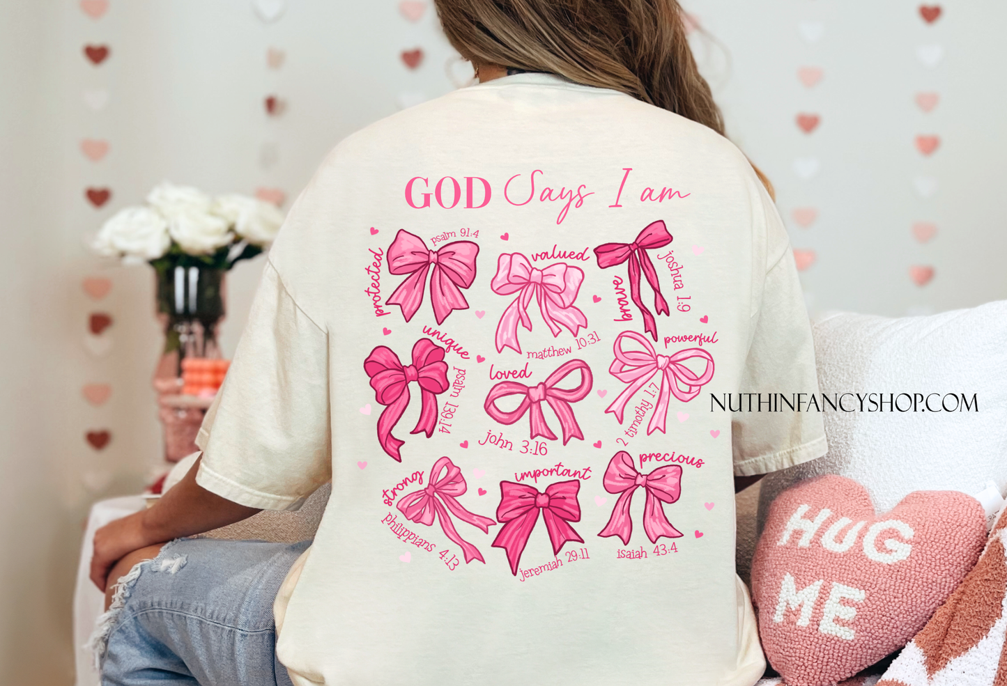 God Says I Am with Pink Coquette Scripture Bows