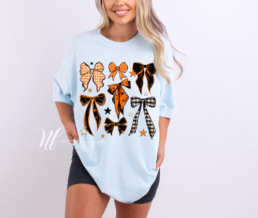 Orange and Black Spooky Bows on Light Blue