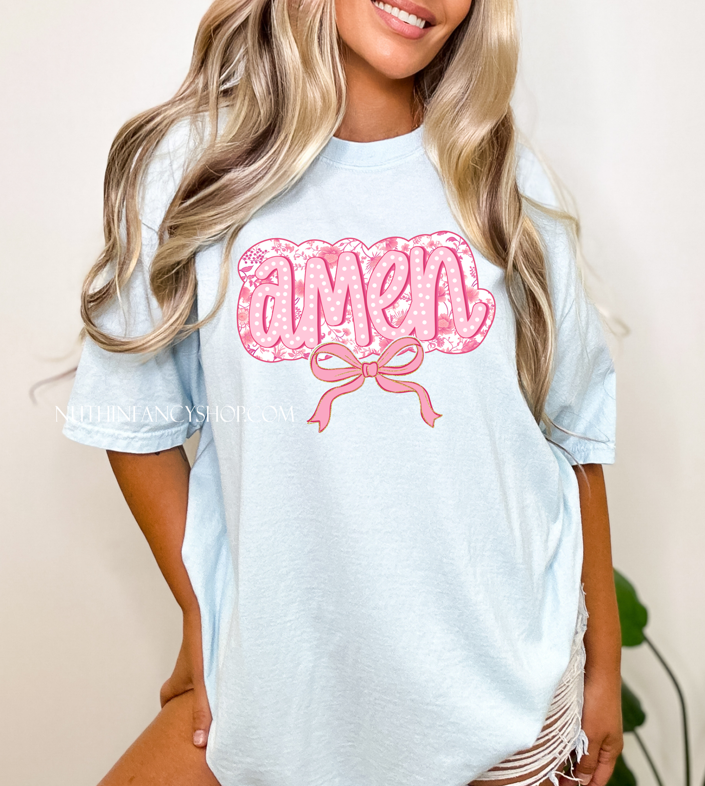 Pink Floral Amen on Light Blue