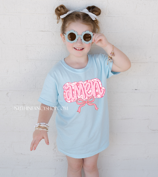 Pink Floral Amen on Light Blue