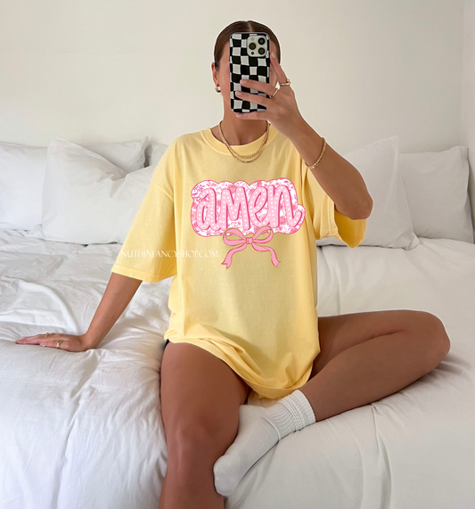 Pink Floral Amen on Yellow
