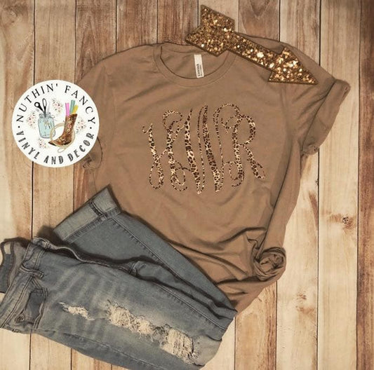 Cheetah Print Script Monogram, Heather Tan