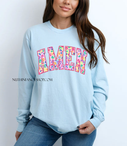 Faux Embroidery Colorful Leopard Amen, Light Blue