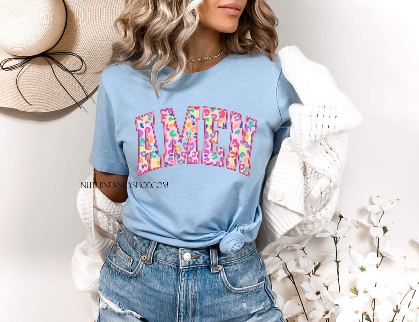 Faux Embroidery Colorful Leopard Amen, Light Blue