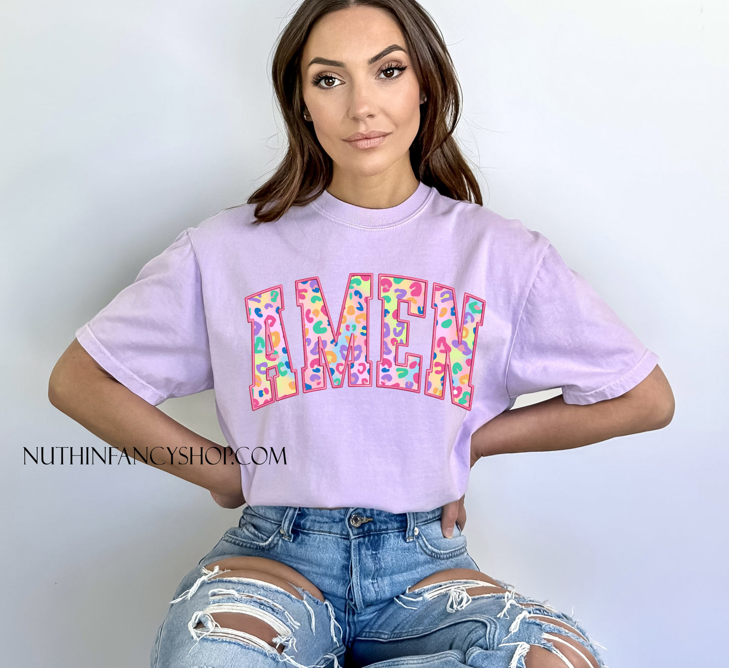 Faux Embroidery Colorful Leopard Amen, Light Purple