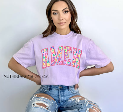 Faux Embroidery Colorful Leopard Amen, Light Purple