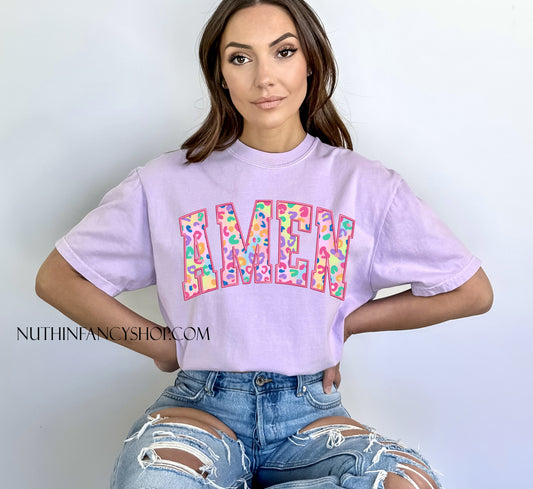 Faux Embroidery Colorful Leopard Amen, Light Purple