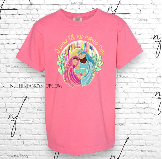 Comfort Colors Crunchberry, Watercolor O Come Let Us Adore Him