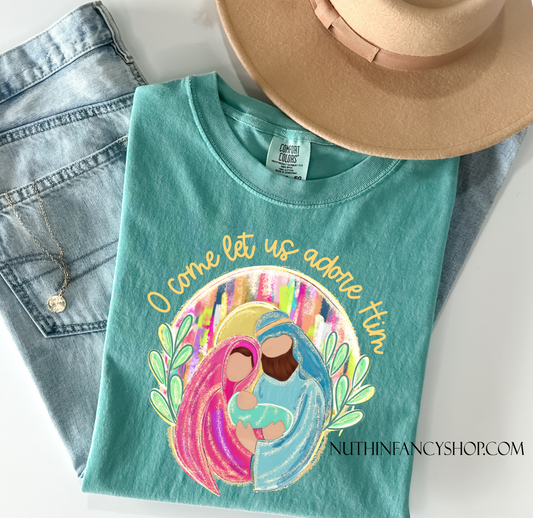 Comfort Colors Seafoam, Watercolor O Come Let Us Adore Him