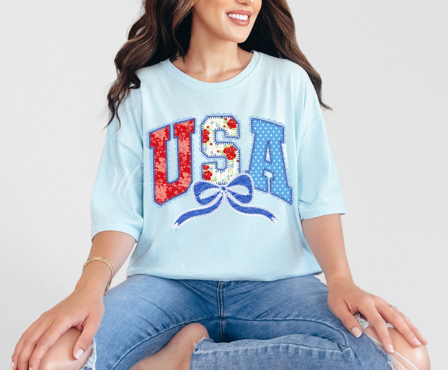 Faux Stitched USA Patterns Light Blue