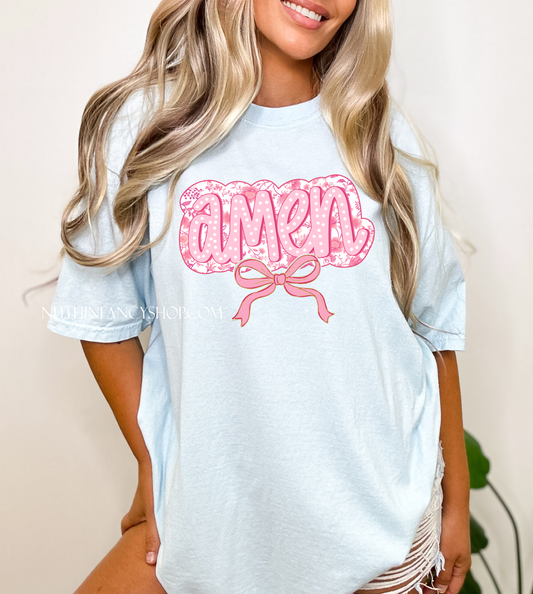 Pink Floral Amen on Light Blue