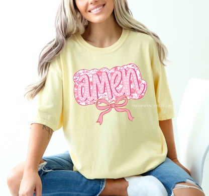 Pink Floral Amen on Yellow