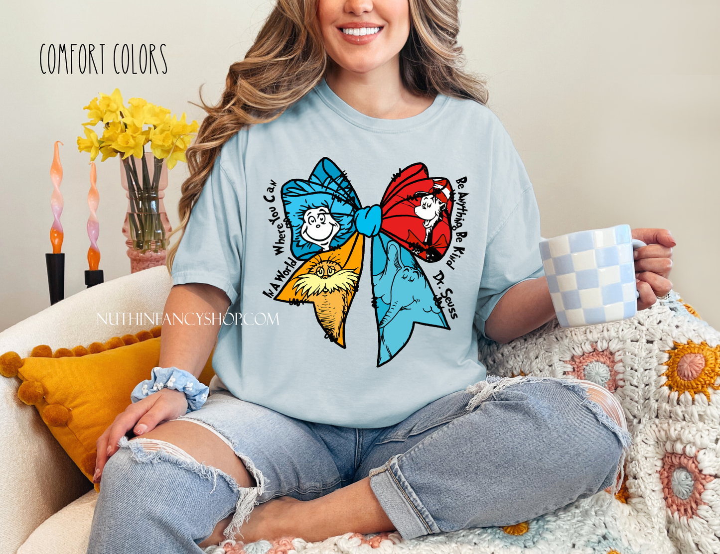 Be Kind Coquette Bow Characters on Light Blue