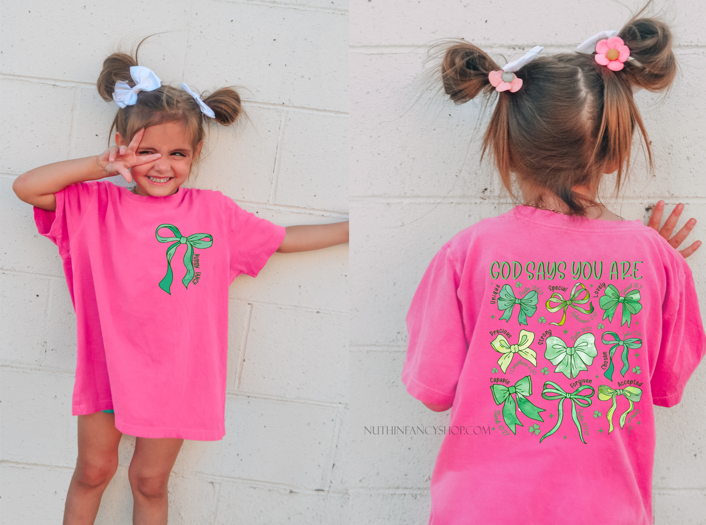 God Says You Are Shamrock Bows on Hot Pink