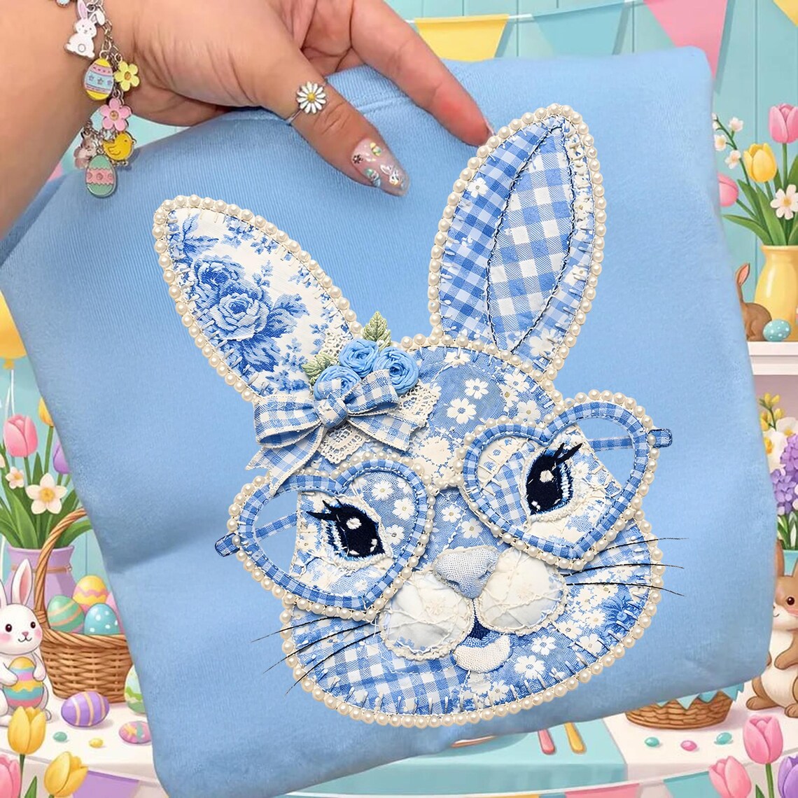 Blue Toile Patchwork Bunny, Blue