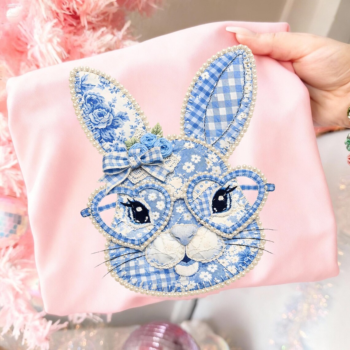 Blue Toile Patchwork Bunny on Pink