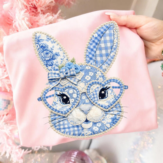 Blue Toile Patchwork Bunny on Pink