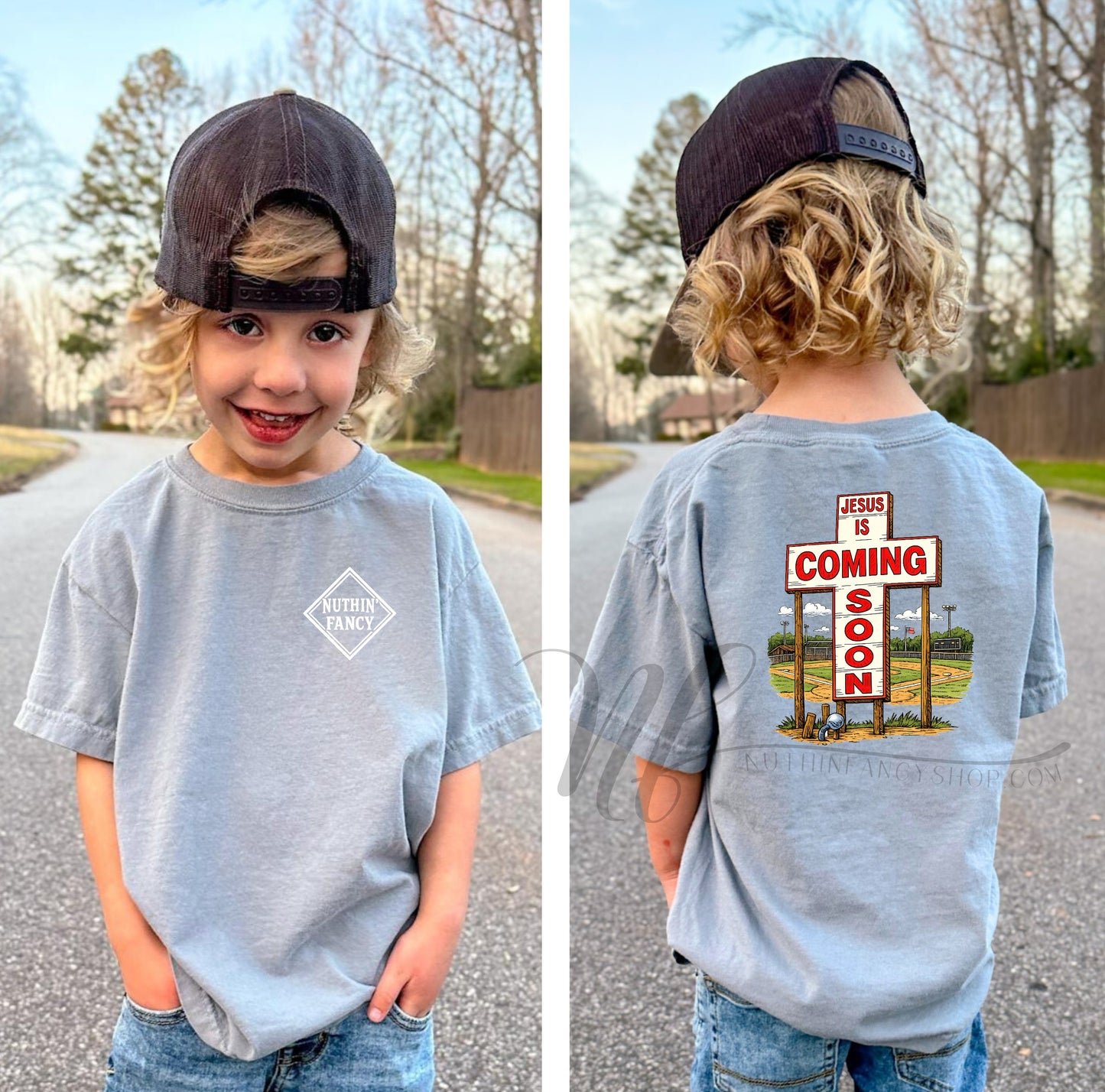 Dudley Jesus is Coming Hand Drawn Cross with Nuthin' Fancy Logo, Grey