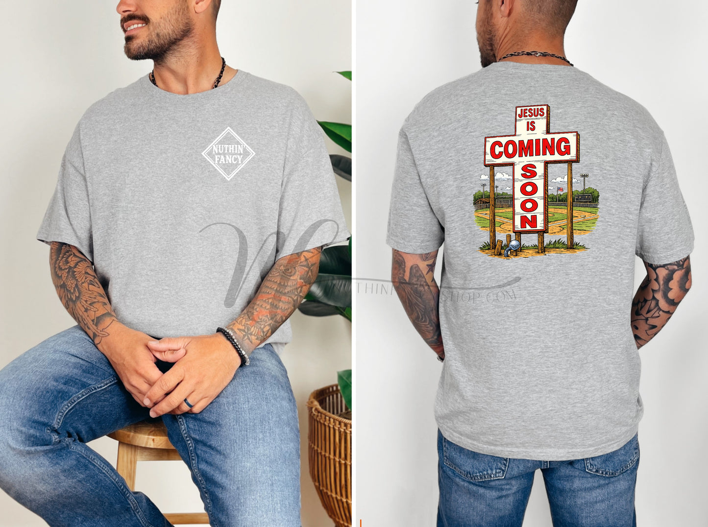 Dudley Jesus is Coming Hand Drawn Cross with Nuthin' Fancy Logo, Grey