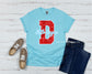 Dudley Little League Red FAUX Glitter Design on Bright Blue