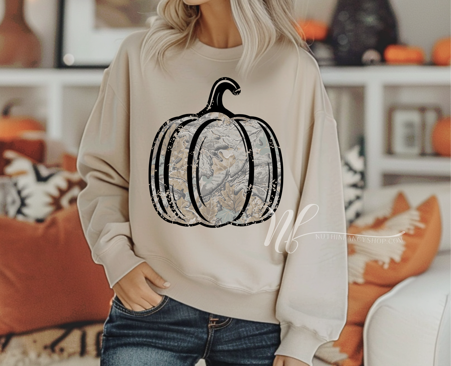 Vintage Camo Distressed Pumpkin on Ivory