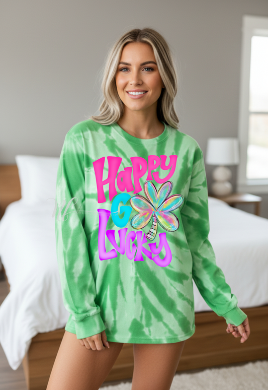 Neon Watercolor Happy Go Lucky Shamrock on Tie Dye